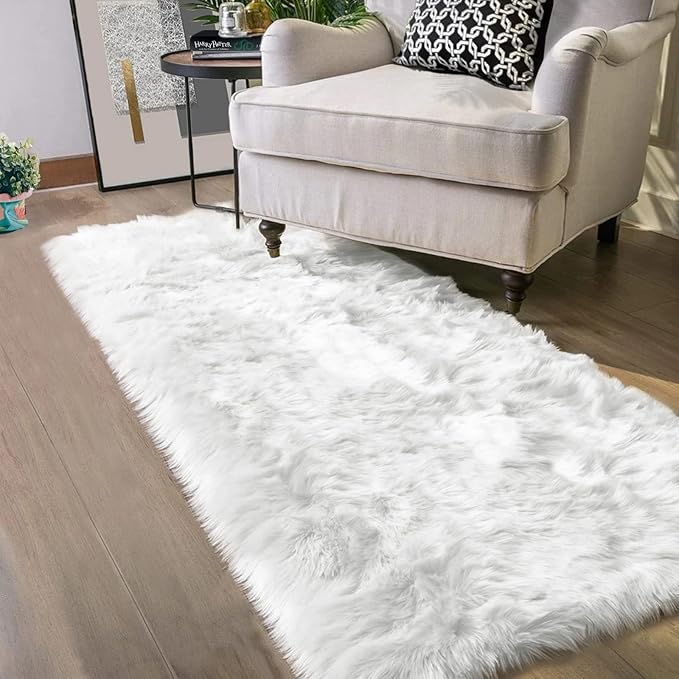 Latepis 2x6 White Runner Faux Fur Sheepskin Rug for Living Room Fluffy Washable Rug for Bedroom, Dorm, Luxury Room Decor, Fur Rugs, Rectangle