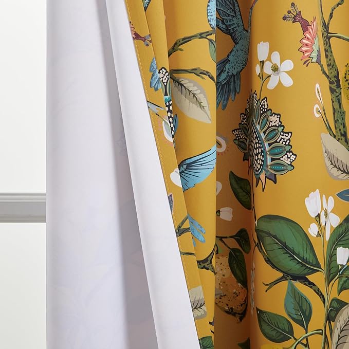 Topfinel 92 Inches Long Custom Mustard Yellow Luxury Curtains for Living Room Bedroom, Blackout Vintage Victorian Curtains Floral Lemon Hummingbird Printed Grommet Drape 92 Inch Length