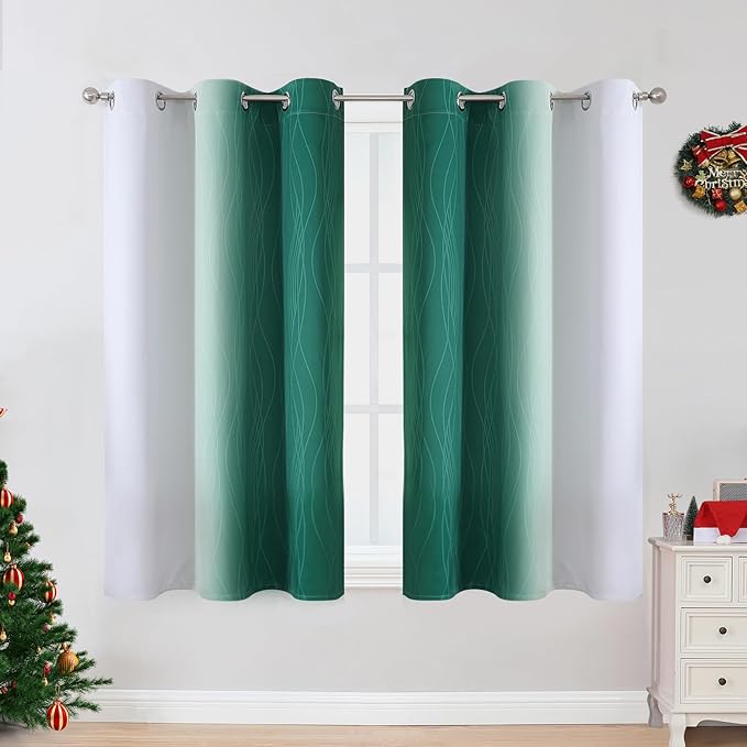 Estelar Textiler Green and Greyish White Ombre Blackout Curtains 54 Inch Length 2 Panels, Full Room Darkening Gradient Drapes for Kitchen, Thermal Insulated Grommet Short Curtains for Bedroom,42Wx54L