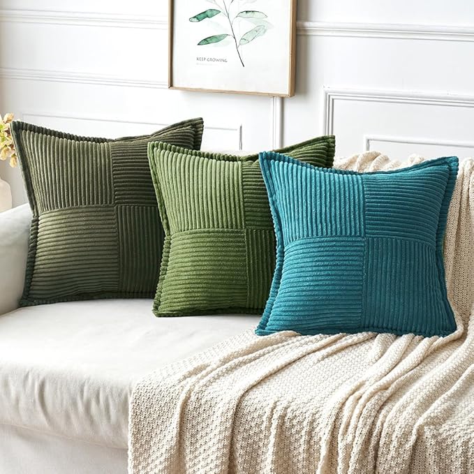 MIULEE Spring Decorative Throw Pillow Covers for Couch Bed Livingroom 20x20 Inch Set of 2 Moss Green Boho Accent Throw Pllows Broadside Striped Patchwork Soft Corduroy Summer Pillowcases