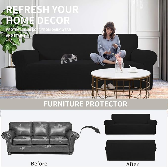 Easy-Going Stretch Oversized Chair Sofa Slipcover 1-Piece Couch Sofa Cover Furniture Protector Soft with Elastic Bottom for Kids Spandex Jacquard Fabric Small Checks Black