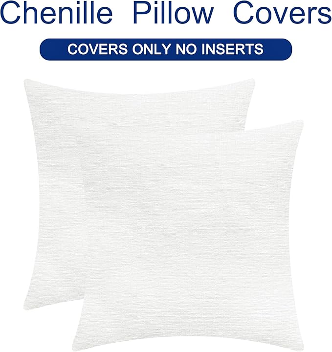 CaliTime Throw Pillow Covers Decorative 22 X 22 Inches Pack of 2 Cozy Chenille Cushion Cases for Couch Sofa Bed Living Room Home True White