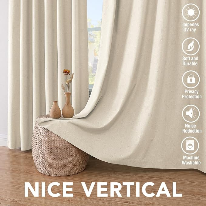 H.VERSAILTEX 100% Blackout Curtains for Bedroom Thermal Insulated Linen Textured Curtains Heat and Full Light Blocking Drapes Living Room Curtains 2 Panel Sets, Bleached Sand, 52x63 Inch