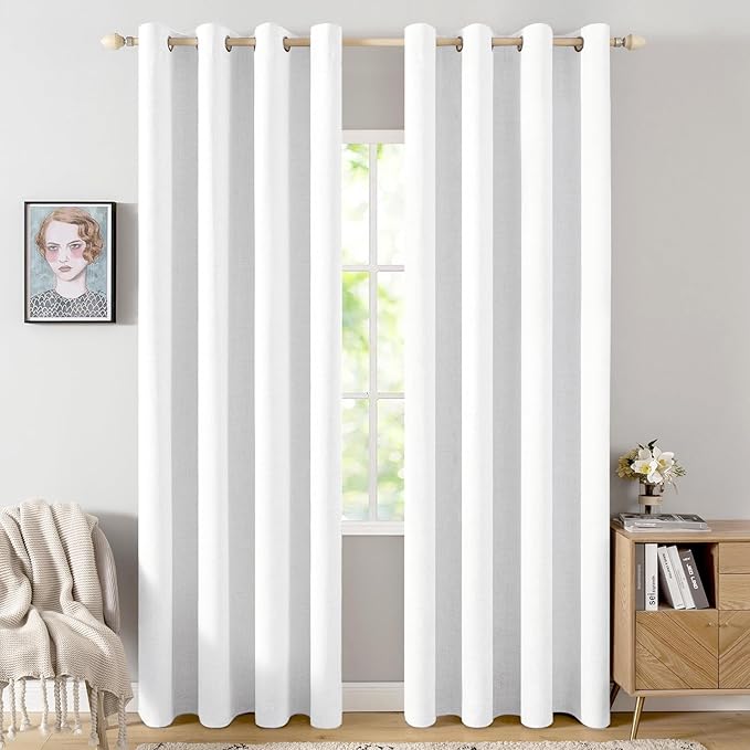MIULEE Linen Textured Curtains Solid 100% Blackout for Bedroom Thermal Insulated Bright White Grommet Room Darkening Curtains & Drapes Luxury Decor for Living Room Nursery 52 x 72 Inch (2 Panels)