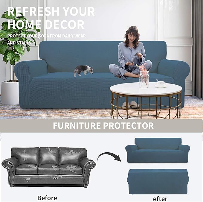 Easy-Going Stretch Oversized Chair Sofa Slipcover 1-Piece Couch Sofa Cover Furniture Protector Soft with Elastic Bottom for Kids Spandex Jacquard Fabric Small Checks Bluestone