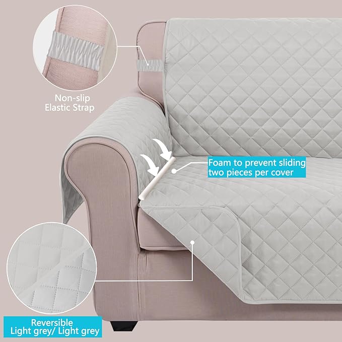 U-NICE HOME Recliner Chair Covers Reversible Chair Cover Pet Covers for Dogs with Elastic Straps Water Resistant Diamond Quilted (28''Recliner Oversized, Light Grey/Light Grey)