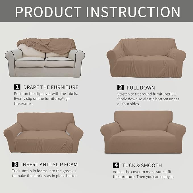 Easy-Going Stretch Loveseat Slipcover 1-Piece Sofa Cover Furniture Protector Couch Soft with Elastic Bottom for Kids Polyester Spandex Jacquard Fabric Small Checks (Loveseat, Camel)