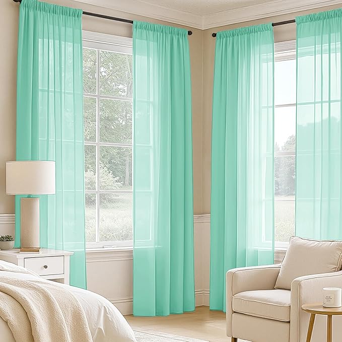 MIULEE Aqua Sheer Curtains 108 Inches Long, 4 Panels Set, Light Filtering Rod Pocket Voile Drapes for Living Room and Bedroom, Airy Soft Fabric Window Treatments, 42 x 108 Inches