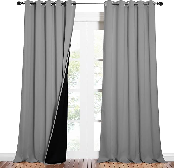NICETOWN Total Shade Curtains and Draperies, Heavy-Duty Full Light Shading Drapes with Black Liner Backing for Villa/Hall/Dorm Window（Silver Grey, Package of 2 Panels, 62 inches Wide x 95 inches Long