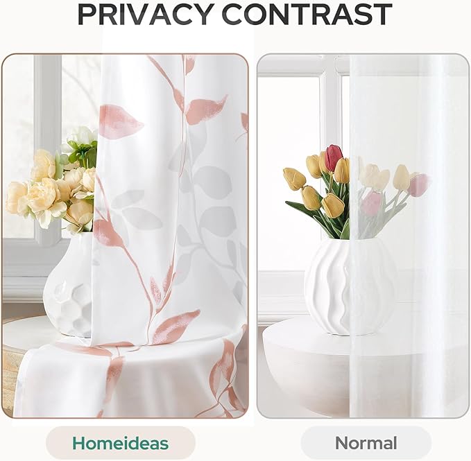 HOMEIDEAS Non-See-Through Pink and White Privacy Sheer Curtains 52 X 84 Inch Length 2 Panels, Leaf Floral Printed Light Filtering Semi Sheer Window Curtains Drapes for Bedroom Living Room