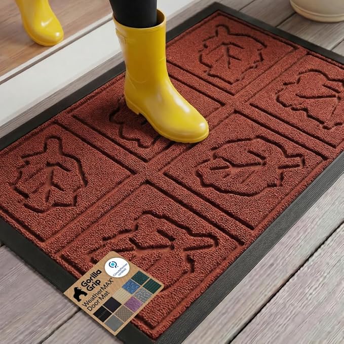 GORILLA GRIP 100% Waterproof All-Season WeatherMAX Doormat 35x23, US Designed Natural Rubber, Stain and Fade Resistant, Low Profile Indoor Outdoor Door Mats, Easy Clean Patio Mat, Burgundy Leaves