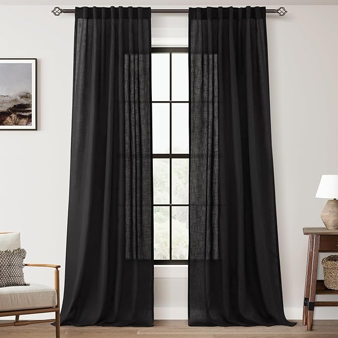 Black Linen Curtains 90 inches Long for Bedroom Back Tab Light Filtering Privacy Semi Sheer Black Curtains Living Room Boho Rustic Farmhouse Cotton Textured Gauze Curtain 2 Panel Set