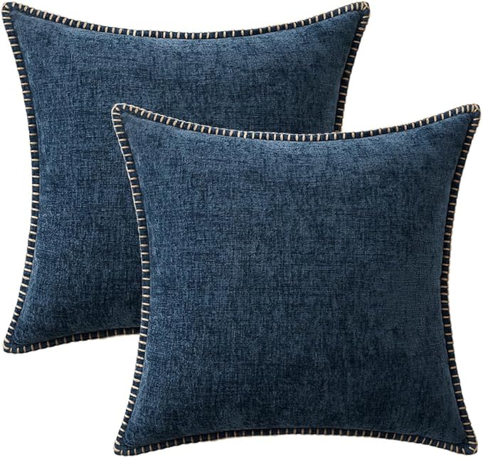 MIULEE Pack of 2 Couch Throw Pillow Covers 16x16 Inch Dark Blue Farmhouse Decorative Pillow Covers with Stitched Edge Soft Chenille Solid Dyed Spring Pillow Covers for Sofa Bed Living Room