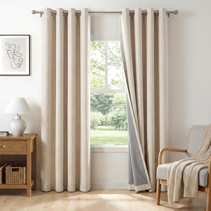100% Blackout Shield Linen Blackout Curtains for Bedroom, Oatmeal Grommet Curtains for Living Room, Thermal Insulated Room Darkening Drapes for Nursery, Boho Home Decor, 50" W x 90" L, 2 Panels