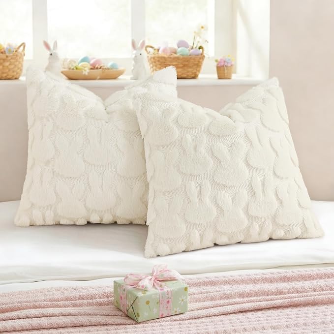 decorUhome Easter Bunny Pillow Covers 18x18 Inch Set of 2, Soft Plush Faux Wool Jacquard Cream White Rabbit Cushion Covers, Farmhouse Neutral Spring Easter Holiday Decor for Couch Sofa Bed