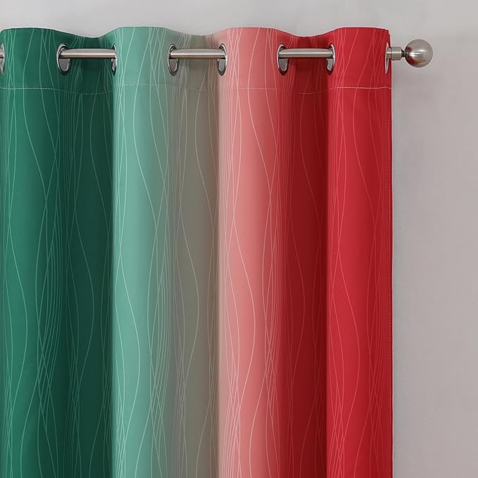 Estelar Textiler Red and Green Blackout Curtains for Kitchen 54 Inch Length, Full Room Darkening Gradient Grommet Drapes for Kids Room, Thermal Insulated Ombre Curtains for Bathroom, 52Wx54L, 2 Panels