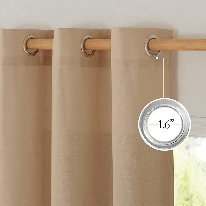 NICETOWN Linen Flax Semi Sheer Curtains 92" Length, Grommet Window Treatments Privacy Added with Light Penetration Vertical Drapes for Loft/Home Office, Camel, W55 x L92, 2 Panels