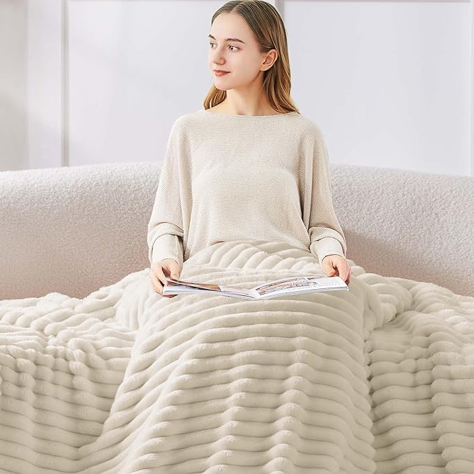 BEDELITE Blankets Queen Size for Bed, 300GSM Soft & Warm Fleece Blanket, Decorative and Giftable Striped Beige Blankets for Women, Men, 90"x90"