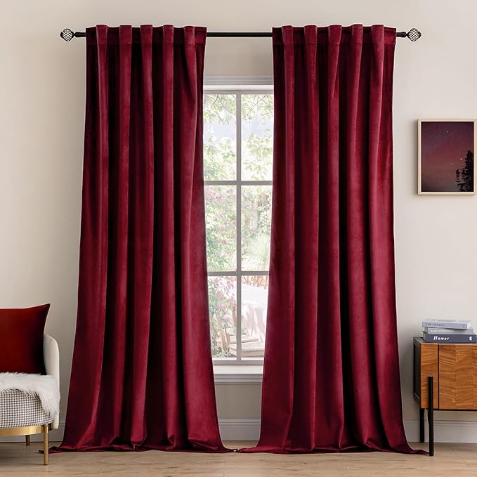 MIULEE Velvet Curtains 96 inches 2 Panels - Luxury Blackout Curtains for Bedroom Living Room Thermal Insulated Super Soft Christmas Window Drapes Rod Pocket & Back Tab, Burgundy Red, W52 x L96 inches