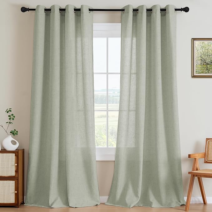H.VERSAILTEX 2 Pack Ultra Luxurious High Woven Linen Elegant Curtains Semi Sheer Grommet Curtain Panels Light Filtering Privacy Panels Drapes, Nickel Grommet, Extra Long 52x108-Inch, Sage