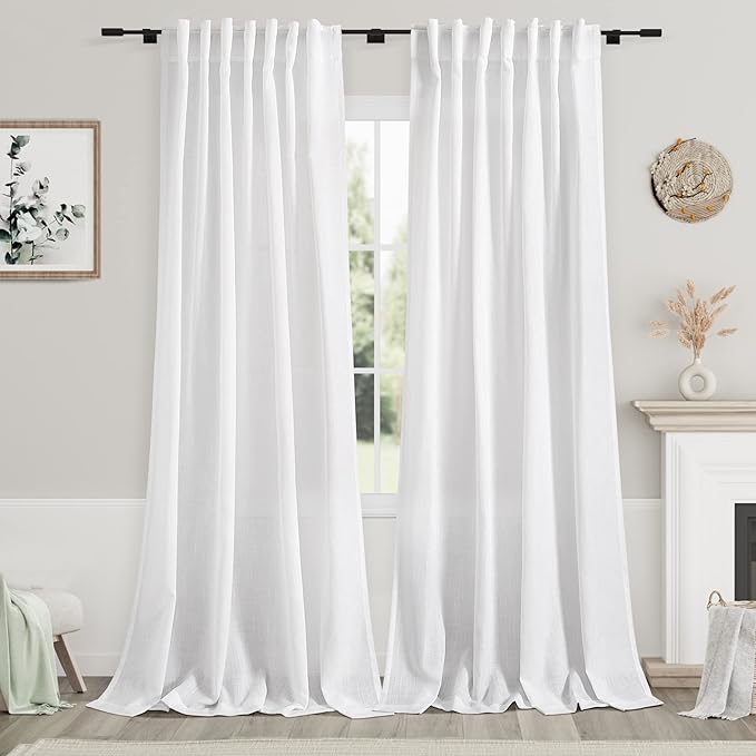 Nanspring White Linen Curtains 109 Inches Long for Living Room Light Filtering Semi Sheer Linen Drapes Ceiling to Floor for Large Window 2 Panels Set Extra Long Back Tab Curtains Farmhouse 52x109