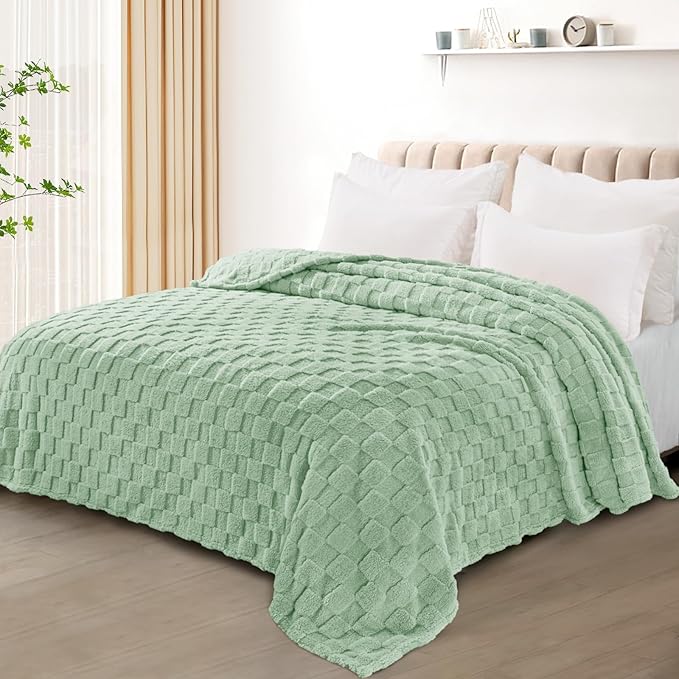 Exclusivo Mezcla Queen Size Flannel Fleece Blanket, Super Soft and Warm Lightweight Checkered Pattern Blanket for All Seasons, 90x90 Inches, Sage Green