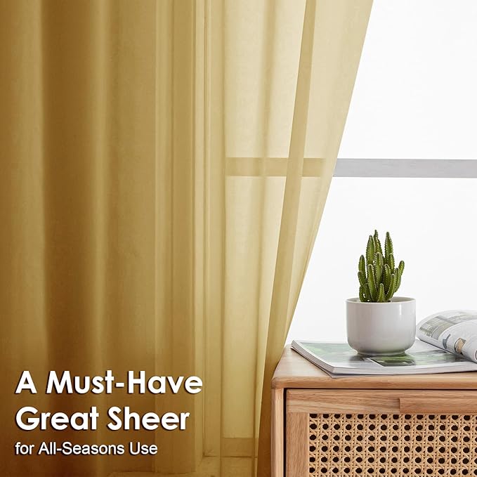 OVZME Gold Sheer Curtains 96 Inches Long 2 Panels - Soft Light Filtering Window Sheer Panels for Living Room/Bedroom, Top Dual Rod Pocket, 1 Pair, Each 42Wx96L Inches