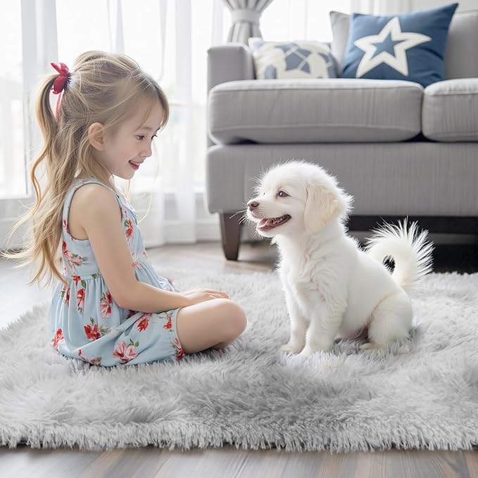 Rugs for Living Room 6x9, Alfombras para Salas Shag Large Plush Soft Area Rug, Shaggy Carpets for Bedroom, Kids Boys Girls Home Decor Aesthetic (Light Grey Tie-Dyed, 6x9 Feet)