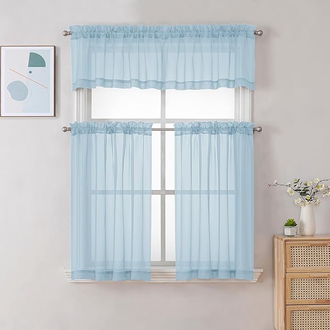 Chyhomenyc Sheer Valances for Windows 2 Pack, Small Window Curtains for Living Room Bathroom Cafe Laundry Basement, Modern Top Dual Rod Pocket Voile Curtain, 42W x 18L inches, Sky Blue