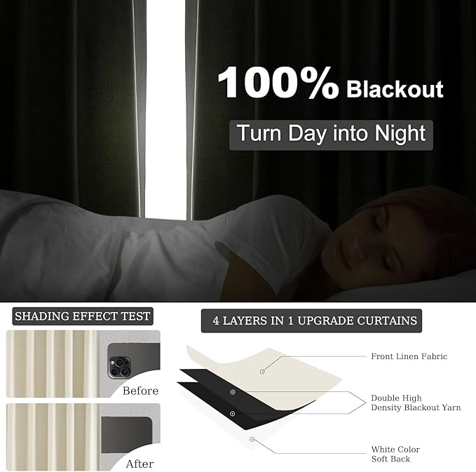 Topfinel 45 Inches Long Linen Blackout Curtains Tiers for Small Window 2 Panels Set Cream White Ivory Linen Short Drapes for Kitchen Bathroom Curtain Hook Belt Pleated Back Tab (W52 xL45)