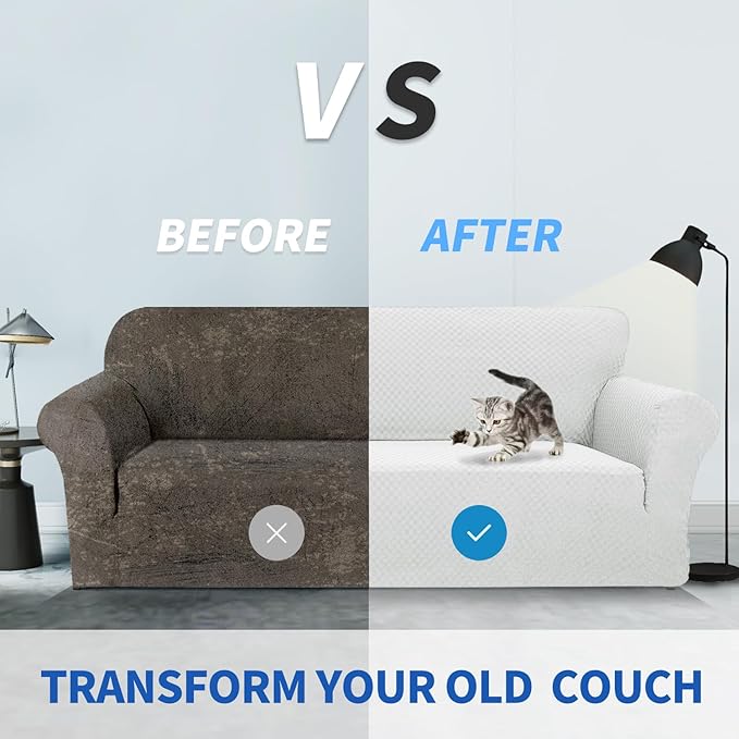 ZNSAYOTX 1 Piece Jacquard Couch Covers for 2 Cushion Couch High Stretch Loveseat Slipcover for Pets Dogs Anti Slip Love Seat Sofa Slipcover Furniture Protector (Medium, White)