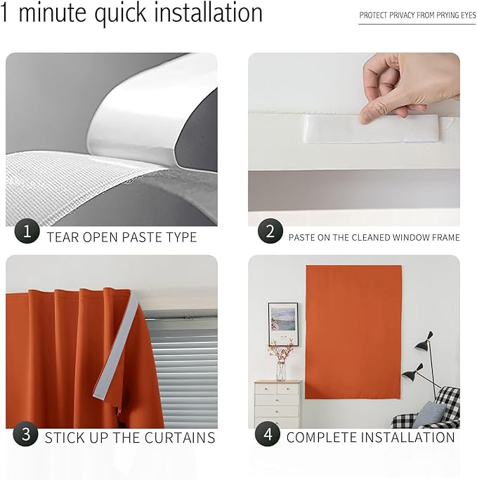 Self Adhesive Curtains Portable Blackout Curtain Simple and Easy to Install Bedroom Window Thermal Lnsulated Kitchen Room Darkening Black Small Drapes, 35" W X 79" L, Orange, 1 Panel