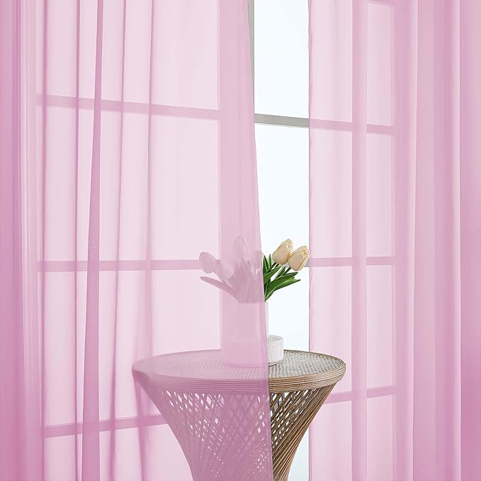 OWENIE Pink Sheer Curtain 90 Inches Long 2 Panels Set, Solid Filmy Drapes for Living Room Bedroom, Elegant Window Voile Sheer Curtain Panels Drapes, 2 Pcs, Each 59" Wx90 L Inch