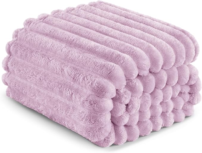 Exclusivo Mezcla Queen Size Flannel Fleece Blanket, Super Soft Striped Jacquard Bed Blanket, Lightweight Fuzzy Cozy for All Seasons, 90x90 Inches, Lilac Purple