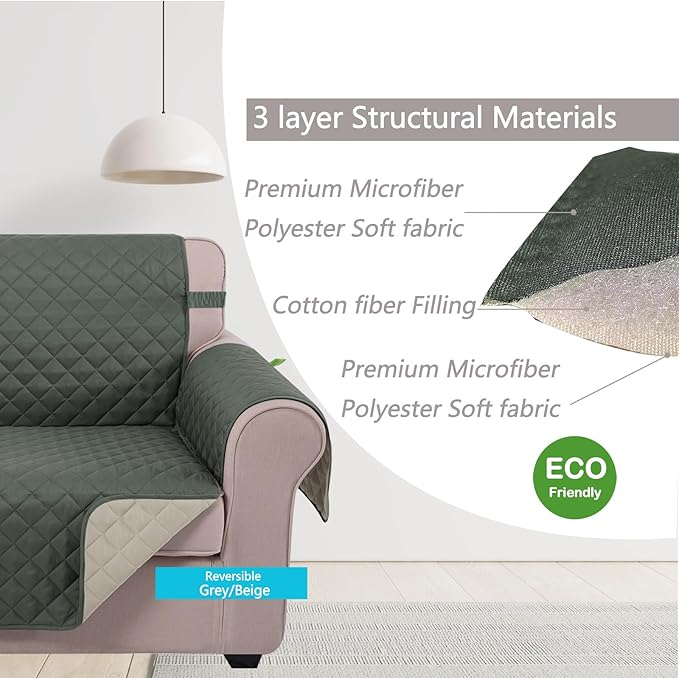 U-NICE HOME Large Sofa Cover Reversible Couch Cover for Dogs with Elastic Straps Water Resistant Furniture Protector for Pets Couch Cover for 4 Cushion Couch (Oversized Sofa, Grey/Beige)