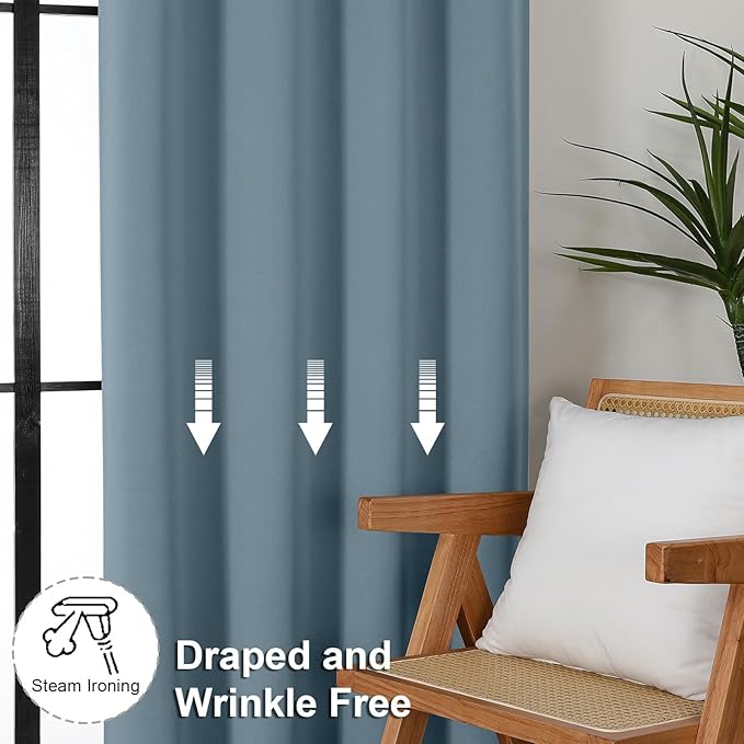 Simplebrand Ava Stone Blue Blackout Curtains for Bedroom 84 Inch Length 2 Panels Set, Solid Thermal Insulated Privacy Living Room Window Treatment Curtains Blackout Drapes, W50 x L84 Inch, Stone Blue