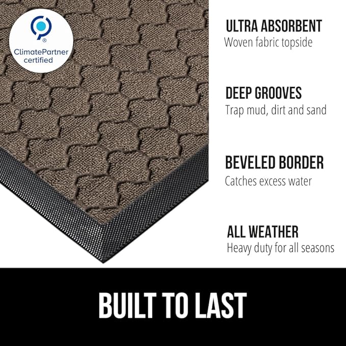 GORILLA GRIP 100% Waterproof All-Season WeatherMAX Doormat, 34x58, US Designed Natural Rubber, Stain and Fade Resistant, Low Profile Indoor Outdoor Door Mats, Easy Clean Patio Mat, Latte Quatrefoil