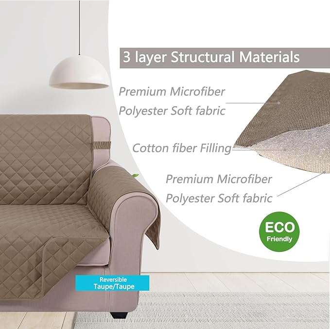 U-NICE HOME Recliner Chair Covers Reversible Quilted Water Repellent Pet Protectors with Elastic Straps (23''Recliner Small, Taupe/Taupe)