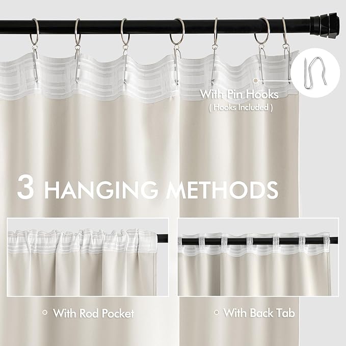 MIULEE Ivory Back Tab Blackout Curtains 102 Inch Long 2 Panels Set for Bedroom, Rod Pocket/Pinch Pleated Thermal Insulated Living Room Darkening Light Blocking Floor to Ceiling Drapes