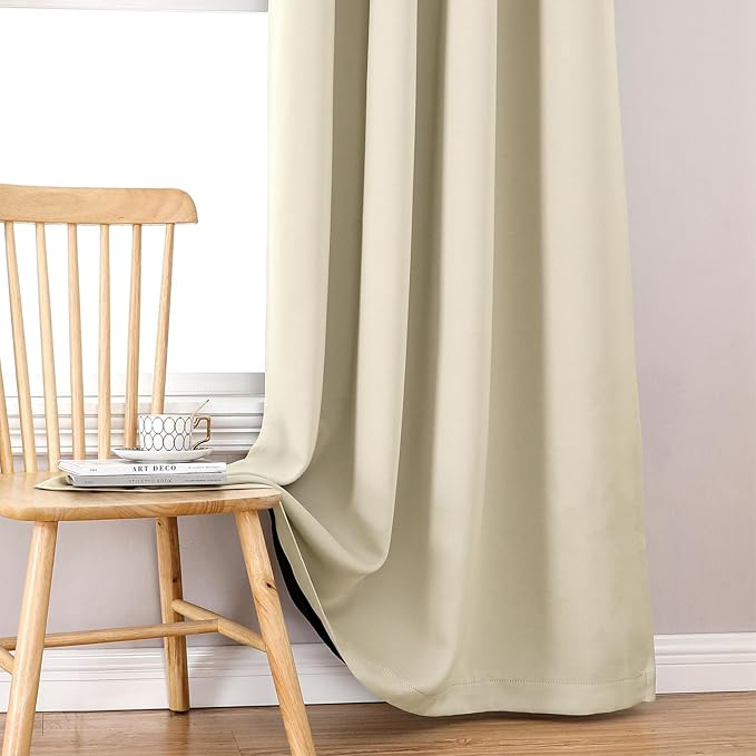 ChrisDowa 100% Blackout Curtains 84 inch Long for Bedroom with Black Liner, Extra Wide 2 Thick Layers Total Blackout Thermal Insulated Grommet Window Curtains 2 Panels Set (Light Beige, 60 x 84 Inch)