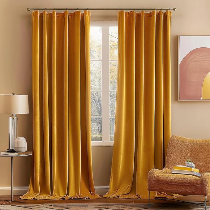 MIULEE Velvet Curtains 108 inches Long 2 Panels - Luxury Blackout Curtains for Bedroom Living Room Thermal Insulated Fall Decor Super Soft Window Drapes Rod Pocket & Back Tab, Mustard Yellow