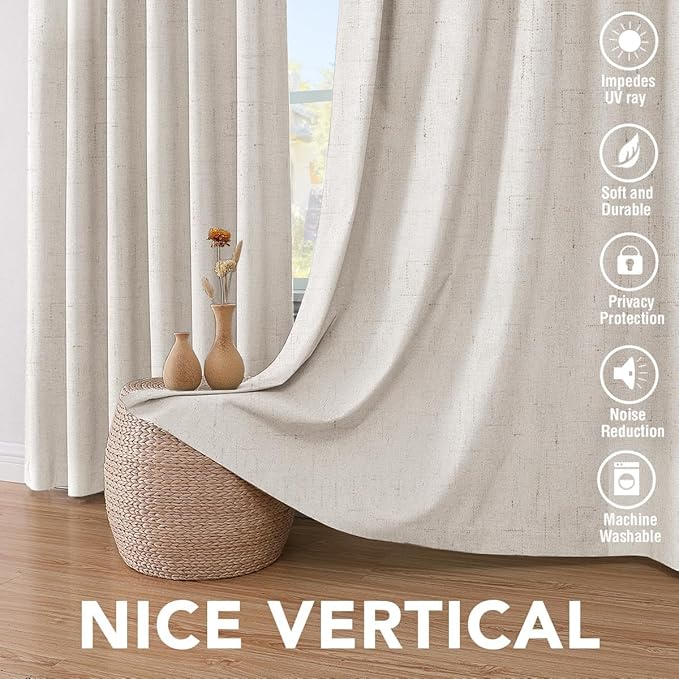 H.VERSAILTEX Linen Curtains 100% Blackout Curtains for Bedroom 90 inch Long Full Light Blocking Nature Linen Blended Window Curtains for Living Room Nickel Grommet (2 Panels, Ivory)