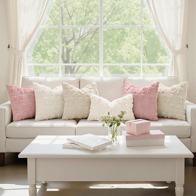 decorUhome Pink Bow Pillow Covers Set of 2 Coquette Aesthetic Cute Preppy Plush Faux Pillowcases for Girly Bedroom or Couch 18x18 Inch