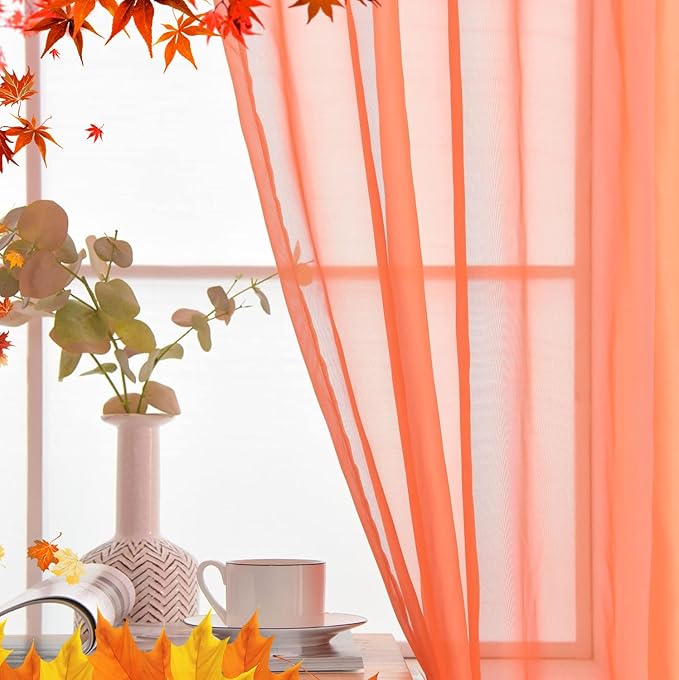 SpaceDresser Sheer Voile Window Treatment Rod Pocket Curtain Panels for Kitchen Bedroom Living Room Drapes Sunlight Filtering Privacy Semi Home Decor Assorted Colors Sizes (Jaffa Orange, 52 W x 54 L)