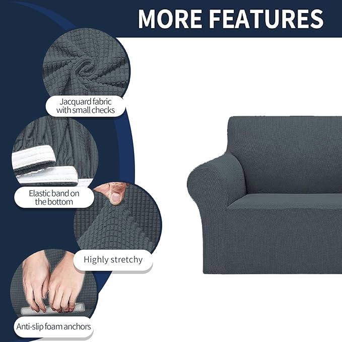 Cupuamon 2026 New Stretch Oversized Sofa Slipcovers Couch Sofa Cover for 4 Seater Furniture Protector Covers with Elastic Bottom Jacquard Fabric Small Checks for Pets, Kids - Grey