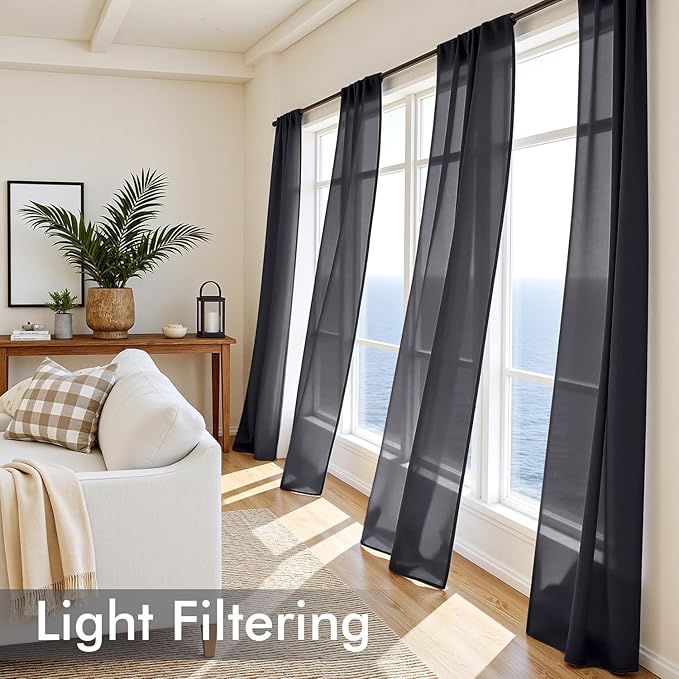 MIULEE Black Sheer Curtains 102 Inches Long 4 Panels Set, Light Filtering Rod Pocket Drapes for Living Room and Bedroom, Airy Soft Breathable Voile Window Treatments, 42W x 102 Inches