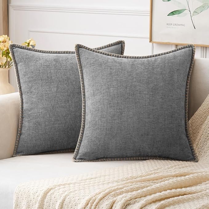 MIULEE Pack of 2 Couch Throw Pillow Covers 24x24 Inch Dark Gray Farmhouse Decorative Pillow Covers with Stitched Edge Soft Chenille Solid Dyed Spring Pillow Covers for Sofa Bed Living Room