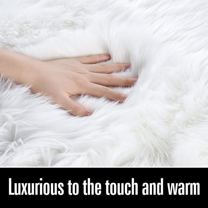 LOCHAS Soft Fluffy Faux Fur Rugs for Bedroom Bedside Rug 2x5 Feet, Washable, Furry Sheepskin Area Rug for Living Room Girls Room, Luxury Shag Carpet Home Decor, White
