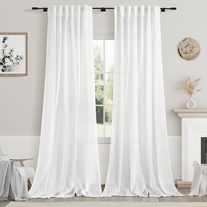 White Linen Sheer Curtains 102 Inches 2 Panels Set Back Tab Rod Pocket Extra Long Semi Sheer Light Filter Vintage Curtain Drapes Room Decor Aesthetic Curtains for Living Room High Window 42x102
