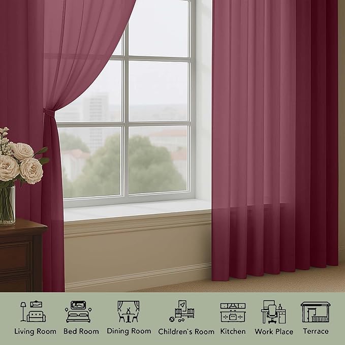 OWENIE Sheer Curtains 2 Panels Set for Bedroom Living Room, Soft Solid Rod Pocket Light Filtering Window Treatment, 2Pcs Each 59" W x 96" L, Burgundy Wine